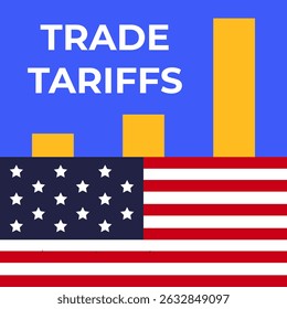 As tarifas alfandegárias da UE e a guerra comercial entre as tarifas alfandegárias e os Estados Unidos são uma disputa econômica. Bandeira e gráfico dos EUA. Ilustração de vetor plano.
