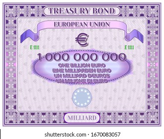 EU treasury bond in purple frame and guilloche mesh inscription billion euros in German, French and Italian svg