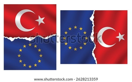 EU and Turkey paper torn effect flag. Frozen Negotiations from European Union to Turkey. Political Crisis between Eu and Turkey. Accession Fatigue.