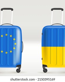 EU and Ukrain plastic travel suitcases. 3d vector illustration