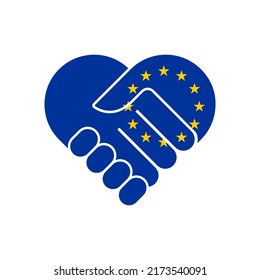 EU unity sign. Handshake heart with Euro Union flag. Flat vector illustration isolated on white background.