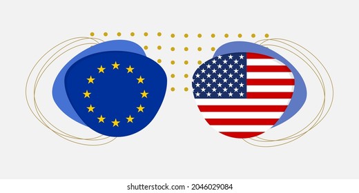 EU And USA Flags. American And European Union Symbols With Abstract Background And Geometric Shapes. Vector Illustration.