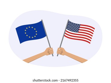 EU and USA flags. American and European Union symbols. Hand holding waving flag. Vector illustration.