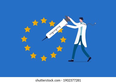 EU-Impfstoff-Umsetzung, EU-Forschungskonzept COVID-19 Coronavirus-Impfung, Arzt oder medizinisches Personal, das eine Spritze hält und Impfstoffe unter der Flagge der Europäischen Union injiziert.