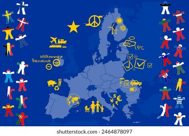 EU vote 2024 as a flag on a map of europe with national human flags with choices and issues of war, climate, borders, economy, transport, energy, fossil fuels, europe in the world, people in the union