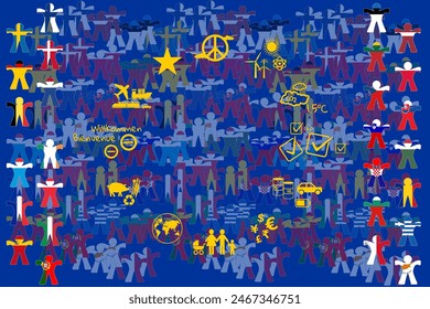 EU vote 2024 as a flag on a background with national human flags showing choices and issues of war, climate, borders, economy, transport, energy, fossil fuels, Europe in the world, people in the union