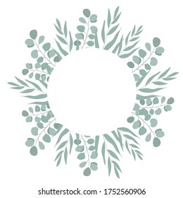 Eucaliptus frame with green  leaves on white background. Seasonal poster in trendy paper cute style. Design template for print or web. Vector illustration.