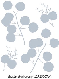 Eucaliptus populus branch and leaves seluette grey on white background seamless vector pattern