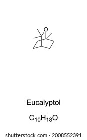 Eucalyptol chemical formula and structure. 1,8-Cineole, organic compound, with mint-like smell and cooling taste. Main component of eucalyptus oil. Used in flavorings, fragrances and cosmetics. Vector
