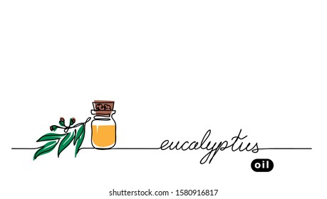 Huile aromatique d'eucalyptus dans la bouteille de verre. Feuille de gommier, brunch. Image vectorielle arrière-plan dessiné à la ligne continue.