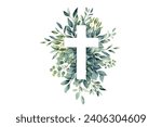 Eucalyptus botanical greenery and cross. Baptism  Invitation. Easter Cross. Christening. Holy Spirit. Religious. Baptism Christening Invitation