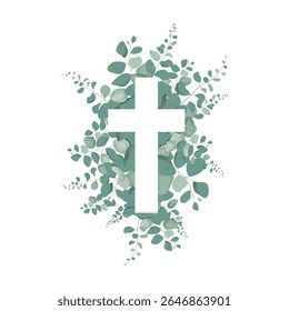 Eucalyptus Botanical greenery and cross. Baptism Invitation. Easter Cross. Holy Spirit. Religious. Baptism Christening Invitation. Christian Cross and Foliage
