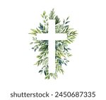 Eucalyptus botanical greenery and cross. Christening. Holy Spirit. Christian cross and green leaves for church, calendars, holiday cards, invitations, baptism. Easter catholic religious symbol