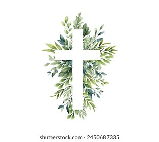 Eucalipto vegetación botánica y cruz. Bautizo. Espíritu Santo. Cruz cristiana y hojas verdes para la iglesia, calendarios, tarjetas de vacaciones, invitaciones, bautismo. Símbolo religioso católico de Pascua