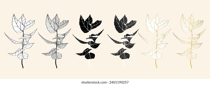 Eucalyptus branch continuous line drawing. Big line set. Golden line.