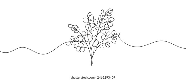 Eucalyptus branch continuous one line drawing. Abstract nature minimalist poster. Vector illustration