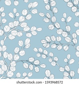 Eucalyptus branch hand drawn vector seamless pattern in line art style on  blue background. Background with eucalyptus branch and leaves. Best for wrapping paper, wallpaper, textile or wedding design.