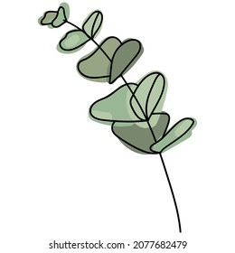 Eucalyptus Branch Leaves Line Art With Colored Elements Vector Illustration. Hand Drawn Botany Plant Sketch Black Contour With Green Color Fillings. Elegant Floral Decor Element For Wedding Invitation