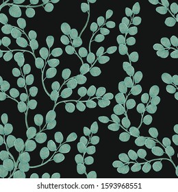 Eucalyptus branch with leaves vector hand drawn seamless pattern. Watercolor imitation. Background with eucalyptus on dark grey. Best for wrapping paper, wallpaper, textile or wedding design