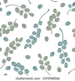 Eucalyptus branch with leaves vector hand drawn seamless pattern. Watercolor imitation. Background with eucalyptus on white. Best for wrapping paper, wallpaper, textile or wedding design