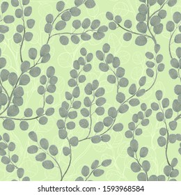 Eucalyptus branch with leaves vector hand drawn seamless pattern. Watercolor imitation. Background with eucalyptuswith line art silhuettes. Best for wrapping paper, wallpaper or textile