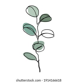 Eucalyptus branch in modern single line art style. Continuous line drawing, aesthetic contour for home decor, posters, wall art, tote bag or t-shirt, sticker. Floral logo or icon vector illustration.