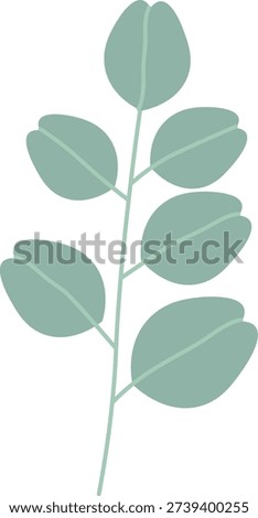 Eucalyptus branch with rounded leaf and thin stem in clean cartoon rendering. Symbol of calm, wellness, spa, and nature for branding and packaging. Cartoon vector illustration.