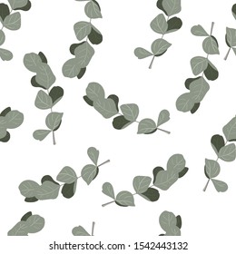 Eucalyptus branch in a seamless pattern on a white background. Aromatherapy, herbs curative.