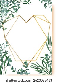 Eucalyptus branches create an elegant frame around a gold geometric heart shape, perfect for wedding invitations, greeting cards, or any design requiring a touch of nature and sophistication