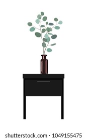 Eucalyptus branches in a dark bottle vase standing at bedside table. White background. Vector illustration