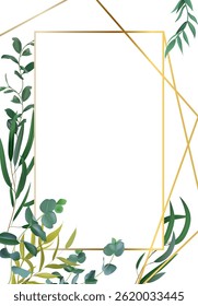 Os ramos de eucalipto adornam graciosamente um quadro dourado, criando um design elegante e natural perfeito para convites, cartões ou arte de parede, misturando elegância com charme botânico