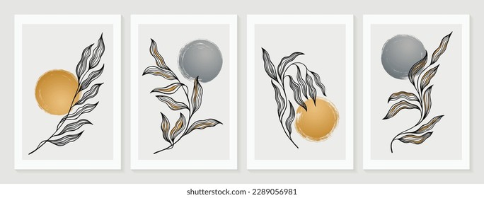 Eucalyptus branches with lines texture foliage wall decor printable posters collection. Gold black gray eucalyptus tree leaves, moon and sun abstract artworks. 