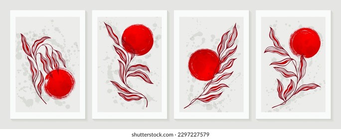 Eucalyptus branches with lines texture foliage wall decor printable posters collection. Red eucalyptus tree leaves, sun abstract artworks. 