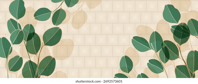 Eucalyptus branches luxury vector design in Chinese style with golden thin lines and pattern