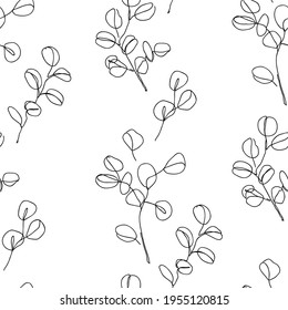 Eucalyptus branches in modern single line art style, seamless pattern. Continuous line drawing, aesthetic contour for textile, packaging, wallpapers, wrapping paper. Vector illustration.