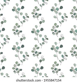 Eucalyptus branches in modern single line art style, seamless pattern. Continuous line drawing, aesthetic contour for textile, packaging, wallpapers, wrapping paper. Vector illustration.