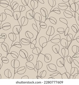 Eucalyptus branches in modern single line art style, seamless pattern. Continuous line drawing, aesthetic contour for textile, packaging, wallpapers, wrapping paper. Vector illustration