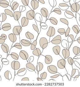 Las ramas eucaliptus en el estilo moderno de arte de una sola línea, sin fisuras. Dibujo continuo de líneas, contorno estético para textiles, envasado, papel tapiz, papel de envoltura. Ilustración del vector