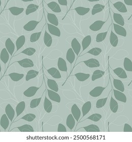 Eucalyptus branches pattern, leaves silhouette and contour on green pastel background.