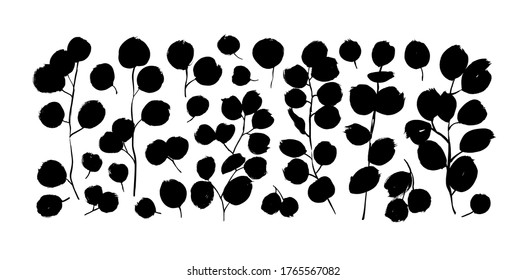 Eucalyptus branches with round leaves vector collection. Set of black silhouettes leaves and branches. Hand drawn eucalyptus foliage, brush twigs. Vector ink elements isolated on white background.