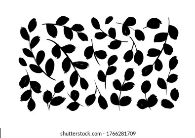 Eucalyptus branches with round leaves vector collection. Set of black silhouettes leaves and branches. Hand drawn eucalyptus foliage, brush twigs. Vector ink elements isolated on white background.