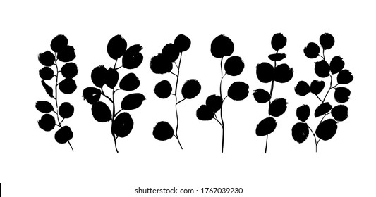 Ramas de eucalipto con colección vectorial de hojas redondas. Conjunto de hojas y ramas de siluetas negras. Follaje de eucalipto dibujado a mano, ramas de cepillo. Elementos de tinta vectorial aislados en fondo blanco.