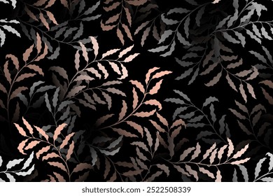 Eucalyptus branches tree leaves chic vector seamless pattern. Wallpaper or wrapping paper print.  Jungle flora silhouette ornament. Organic nature design. Leaves on branches swatch.