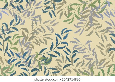 Eucalyptus branches tree leaves chic vector seamless pattern. Wallpaper or wrapping paper print.  Jungle flora silhouette ornament. Organic nature design. Leaves on branches print.