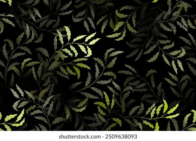 Eucalyptus branches tree leaves rich vector seamless pattern. Summer fashion dress fabric print.  Jungle flora decorative ornament. Organic nature design. Leaves on branches print.