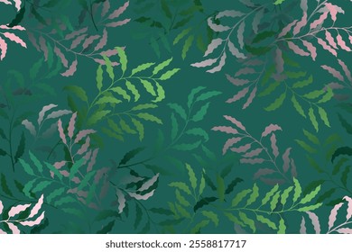 Eucalyptus branches tree leaves rich vector seamless pattern. Summer fashion dress textile print. Subtropical rainforest foliage floral pattern. Plant twigs illustration. Leaves on branches print.