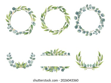 Eucalyptus branches wreaths with watercolor style.  Wedding greenery in circle decorative design elements.