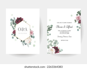 Eucalyptus, burgundy red and white peony, blush rose flowers vector design invitation frames. Rustic wedding greenery. Mint tones. Watercolor save the date cards. Elements are isolated and editable