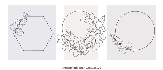 Eucalyptus circle set line art on beige background. Eucalyptus leaves outline. Leaves frame clipart. Floral vector illustration