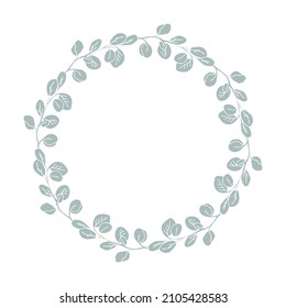 Correa de círculo Eucalyptus, marco de hojas dibujadas a mano para el diseño de la invitación.Aislamiento de ilustraciones vectoriales en diseño blanco